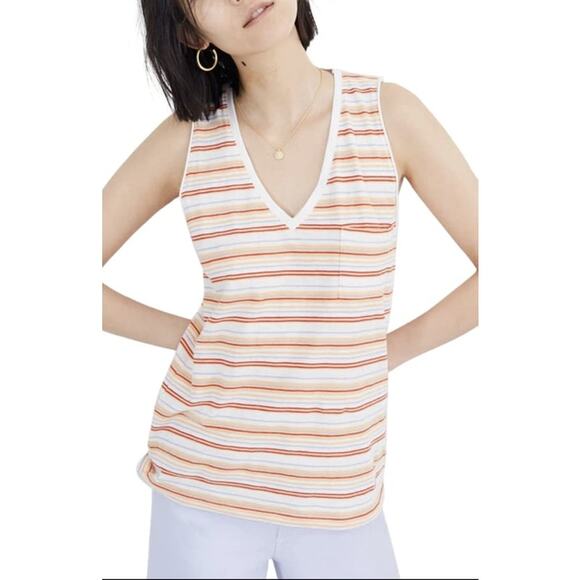 Madewell Women’s Fieldgate Stripe Whisper VNeck Tank Top Orange M Coastal Casual - Picture 1 of 10
